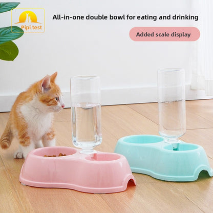 Dinette cat food and water bowl set with self-refilling water bottle
