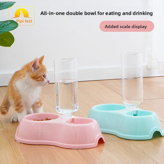 Dinette cat food and water bowl set with self-refilling water bottle