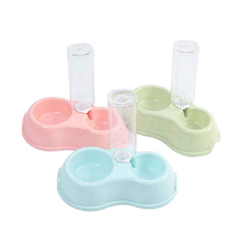 Dinette cat food and water bowl set with self-refilling water bottle