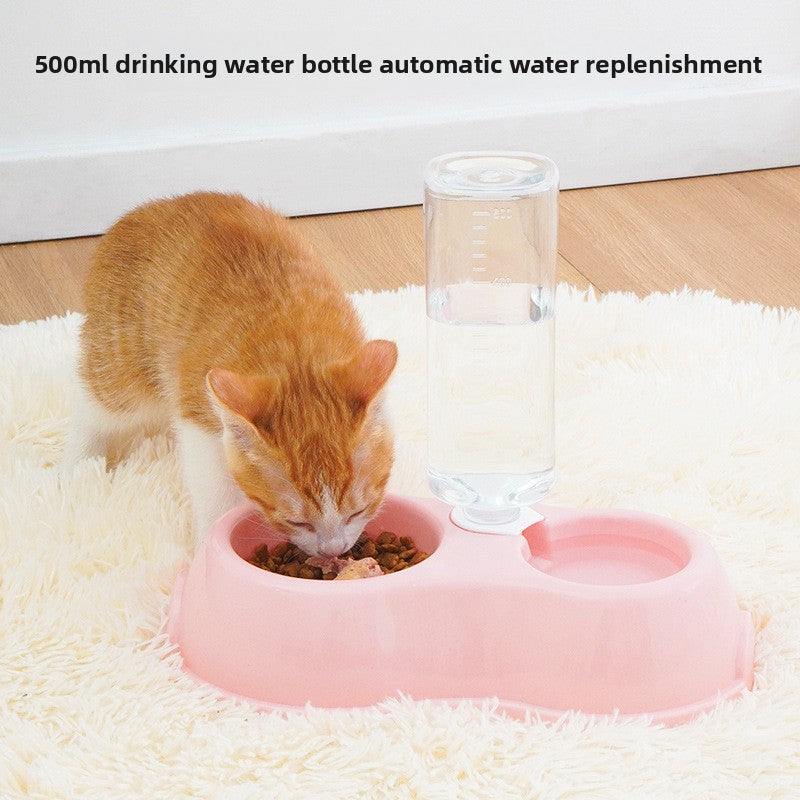 Dinette cat food and water bowl set with self-refilling water bottle