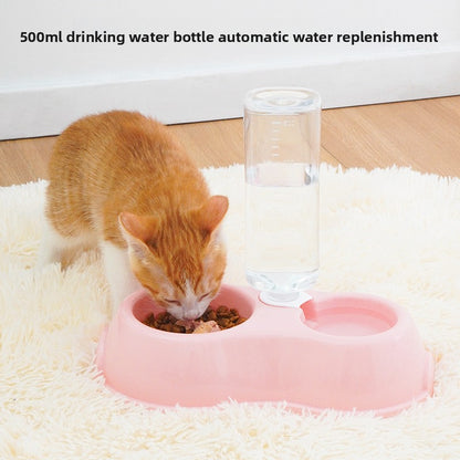Dinette cat food and water bowl set with self-refilling water bottle