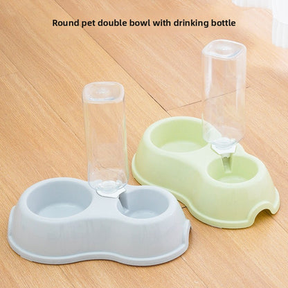 Dinette cat food and water bowl set with self-refilling water bottle